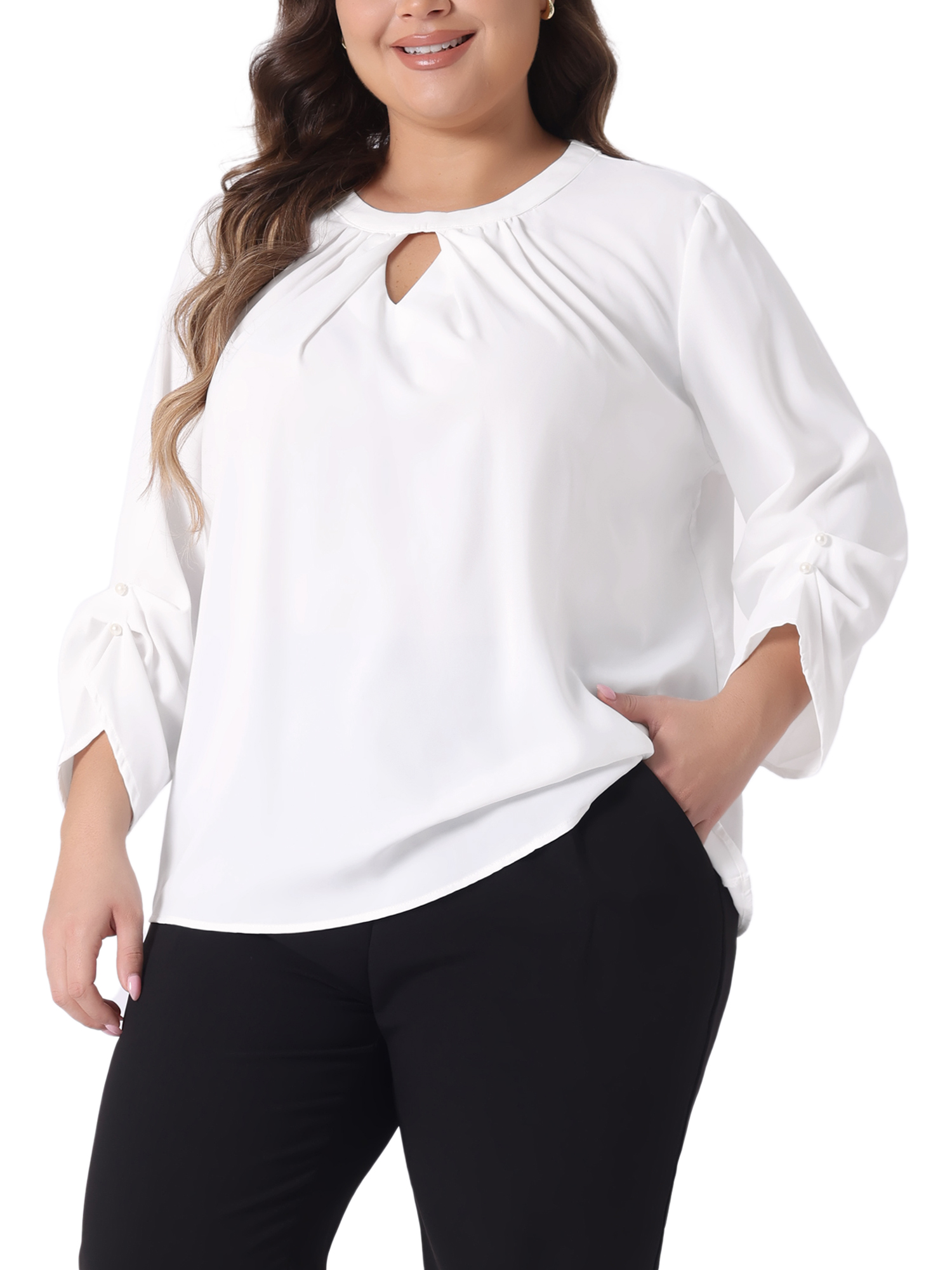 DARING DIVA Women' Plus Size Pleated Crew Neck Keyhole Tops 2X White