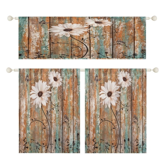 3 Piece Kitchen Curtain Sets Rustic Vintage Wood Plank White Daisy Butterfly Print Valances 52x18 inches Kitchen Curtains Tiers 27x39 inches for Kitchen Window Decor