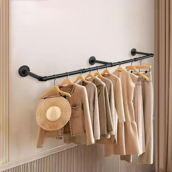 Industrial Iron Pipe Clothes Hanging Bar  Wall-Mounted Garment Rack Heavy Duty Clothing Rack for Bedroom, Laundry Room, Closet Storage (Black 50 inch)