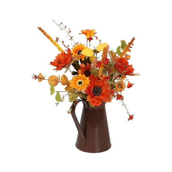 Artificial Flowers in Metal Vase, Silk Fall Floral Arrangements Orange Sunflower Bouquets Fake Fall Flowers Bouquet for Autumn Home Decorations Indoor Table Centerpiece Decorations (without Light)