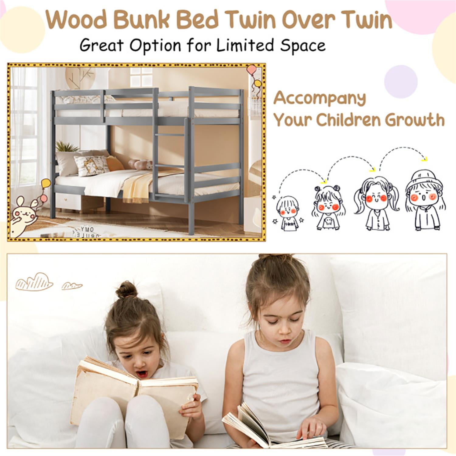 Demi Bonn Twin Size Over Wood Bunk Bed with Ladder and Safety Rail, Twin Sturdy Bunk Beds, Gray