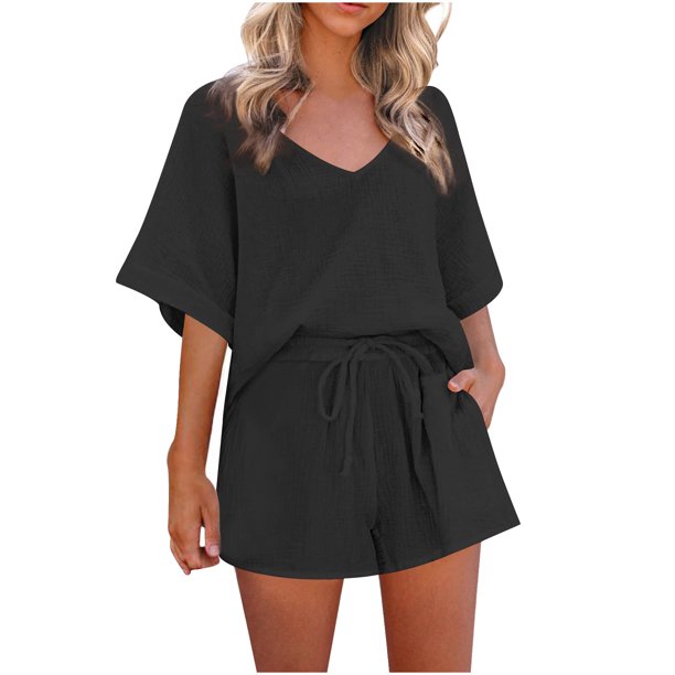 Owordtank Summer Short Sets Women 2 piece Outfits Short Sleeve Casual ...