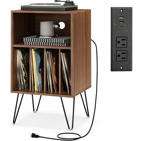 LOKO 3-Tier Record Player Stand, Turntable Stand with Charging Station, Vinyl Record Storage Table with Shelf & 4 Dividers, Turntable Display Shelf for Living Room, Bedroom (Walnut)