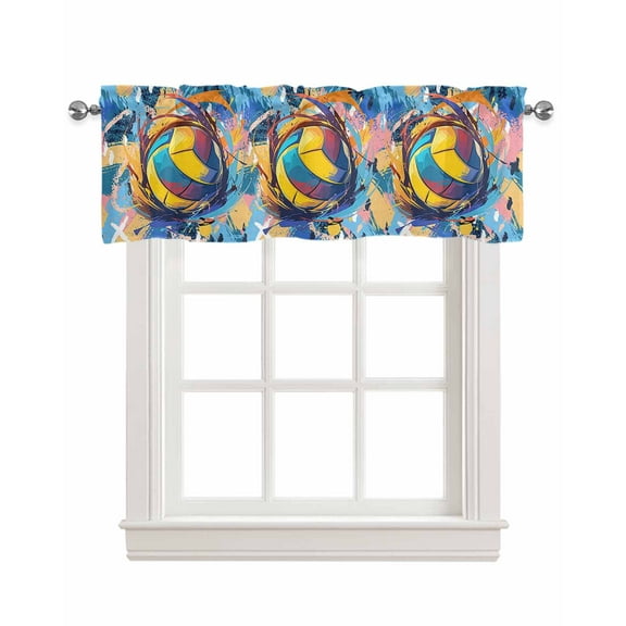 Volleyball Linen Curtain Valance for Bedroom/Bathroom/Kitchen/Office/Living/Dining Room Window,Yellow Blue Pink Watercolor Abstract Art Sports Rod Pocket Topper Decorative Cafe Drapes Panel 42"x12"