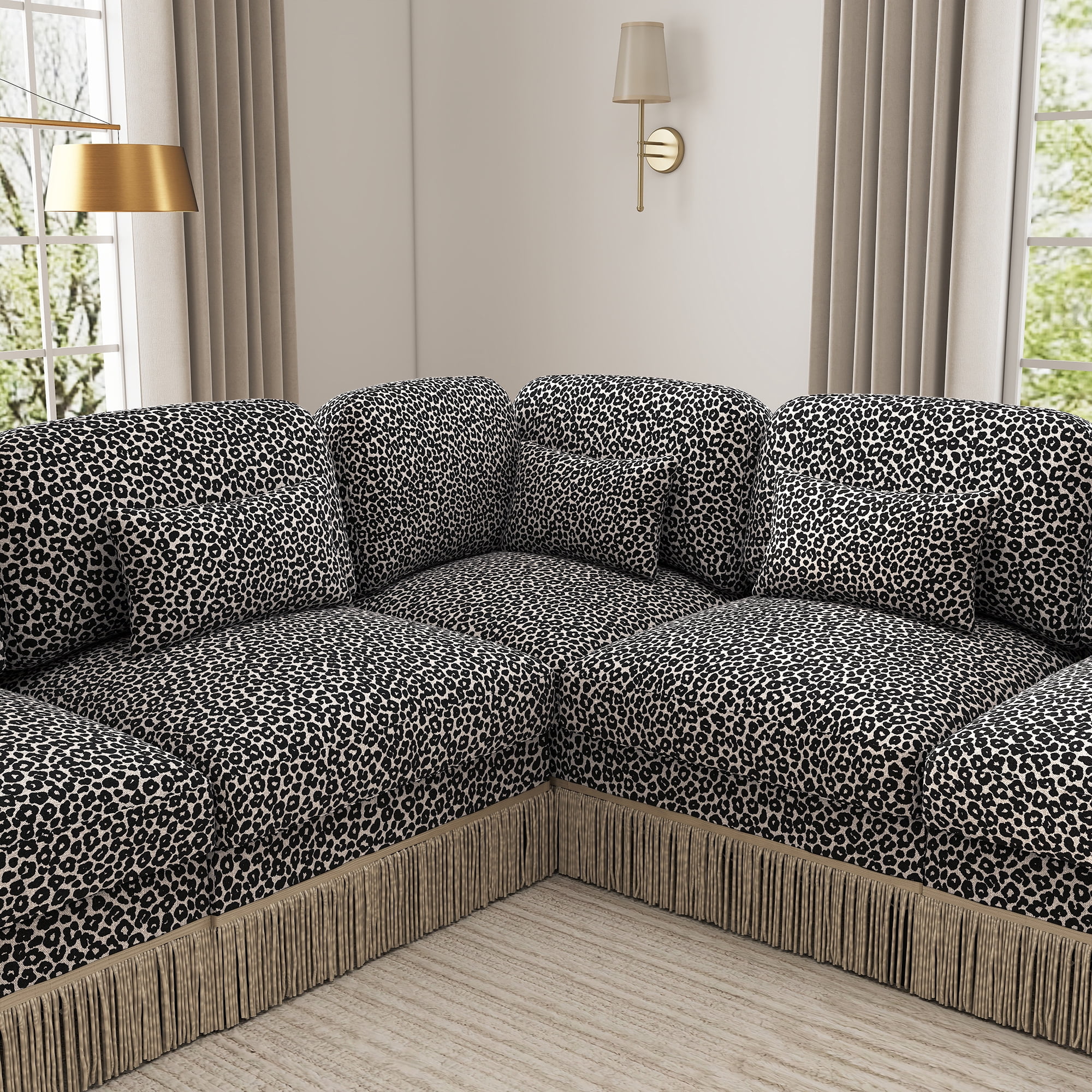 97" U Shaped Leopard Chenille 5 Seater Corner Sofa Couches with 2 Throw Pillows and 4 Lumbar Pillows