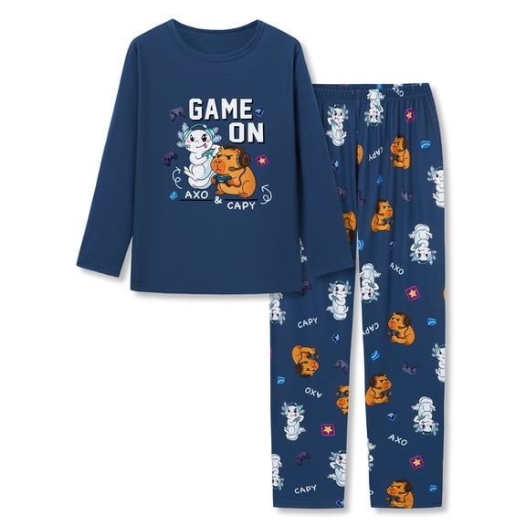 Beezizac Blue Cute "Game On" Capybara Axolotl Pajamas Boys Cozy Long Sleeve PJ Set Size 10