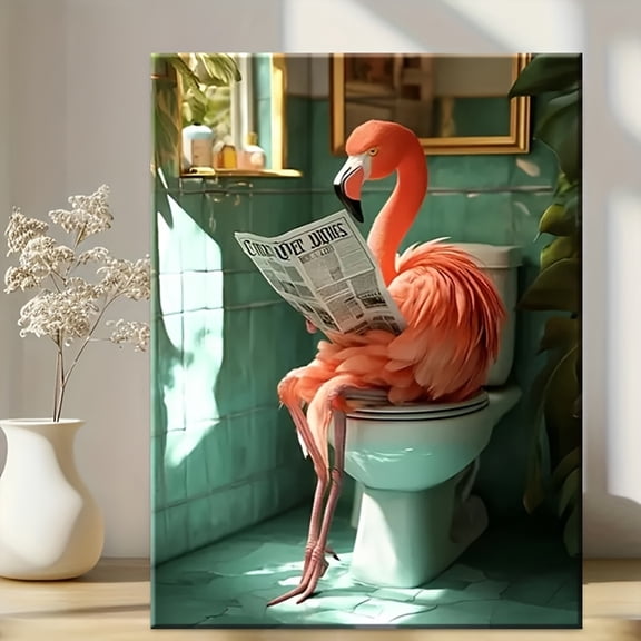 [2D Flat] 1 Unique Canvas Painting, Solid Wood Frame, Seasonal Decoration Flamingo Sitting on The Toilet And Reading a Newspapervery Suitable for Home Decoration, Living Room Or Bedroom