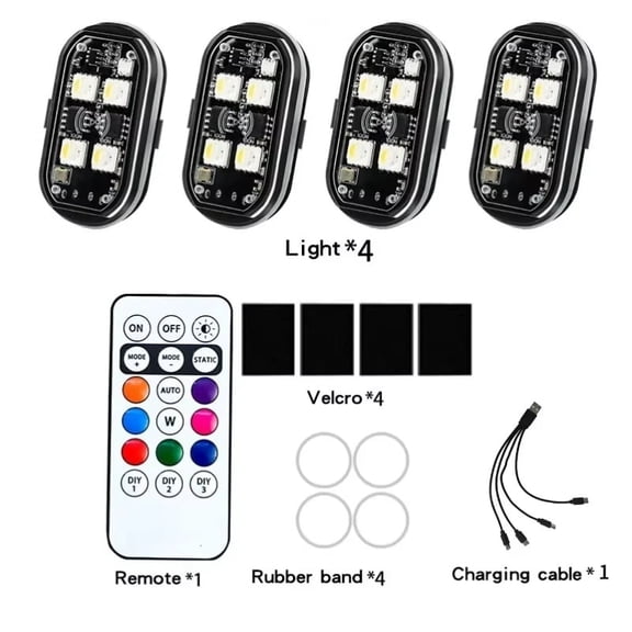 Upgraded 4LEDs Wireless LED Strobe Lights with Remote, 8 Colors, Type C Rechargeable, Anti Collision Warning Light for Car Motorcycle