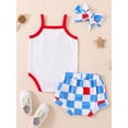 thumbnail image 3 of Bagilaanoe 4th of July Clothes for Newborn Baby Girls Sleeveless Letter Print Romper Tops + Checkerboard Shorts + Headband 3M 6M 9M 12M Infant Independence Day Outfits 3pcs Short Pants Set, 3 of 9