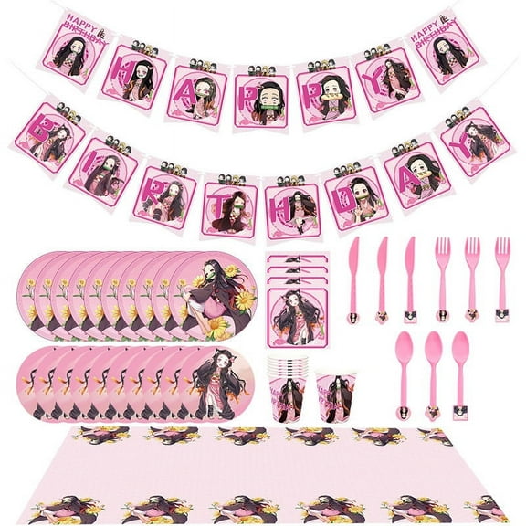 Kamado Nezuko Birthday Decorations for Girls,Nezuko Theme Birthday Party, with Dinner and Dessert plates, Napkins, Cups, Forks, Tablecloth, and Banner for Party Decorations, Serves 10