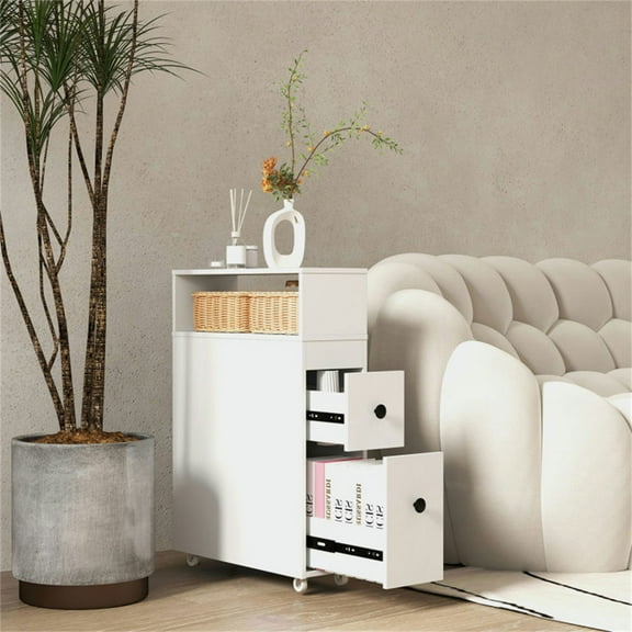 Kadyn 20"x7.5"x28.5" Storage Cabinet with 2 Drawers, Open Shelf and Wicker Baskets, Bathroom Cabinet for Bathroom, Fits Tight Spaces, Hallway, White