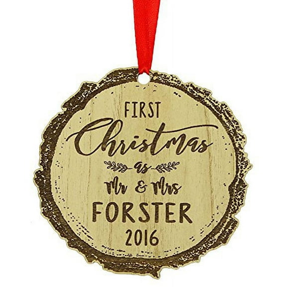 First Christmas as Mr & Mrs Custom Gift Personalized Round Christmas Ornament Wood Engraved Tree Hanging With Gift Box