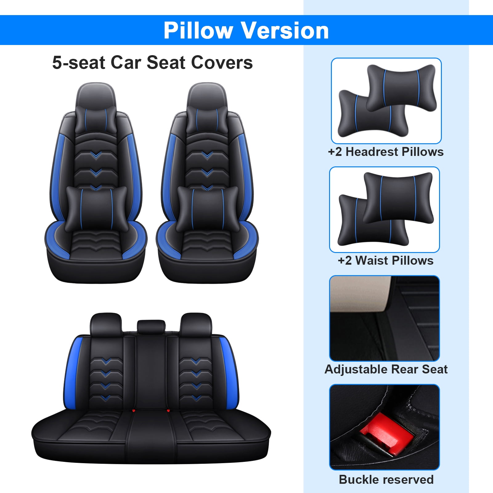 WILLJOY Fit for Nissan Leaf 2011-2024 Car Seat Covers, Comfortable PU Leather Front Rear Cushion Protector with 4 Pillows Black Blue