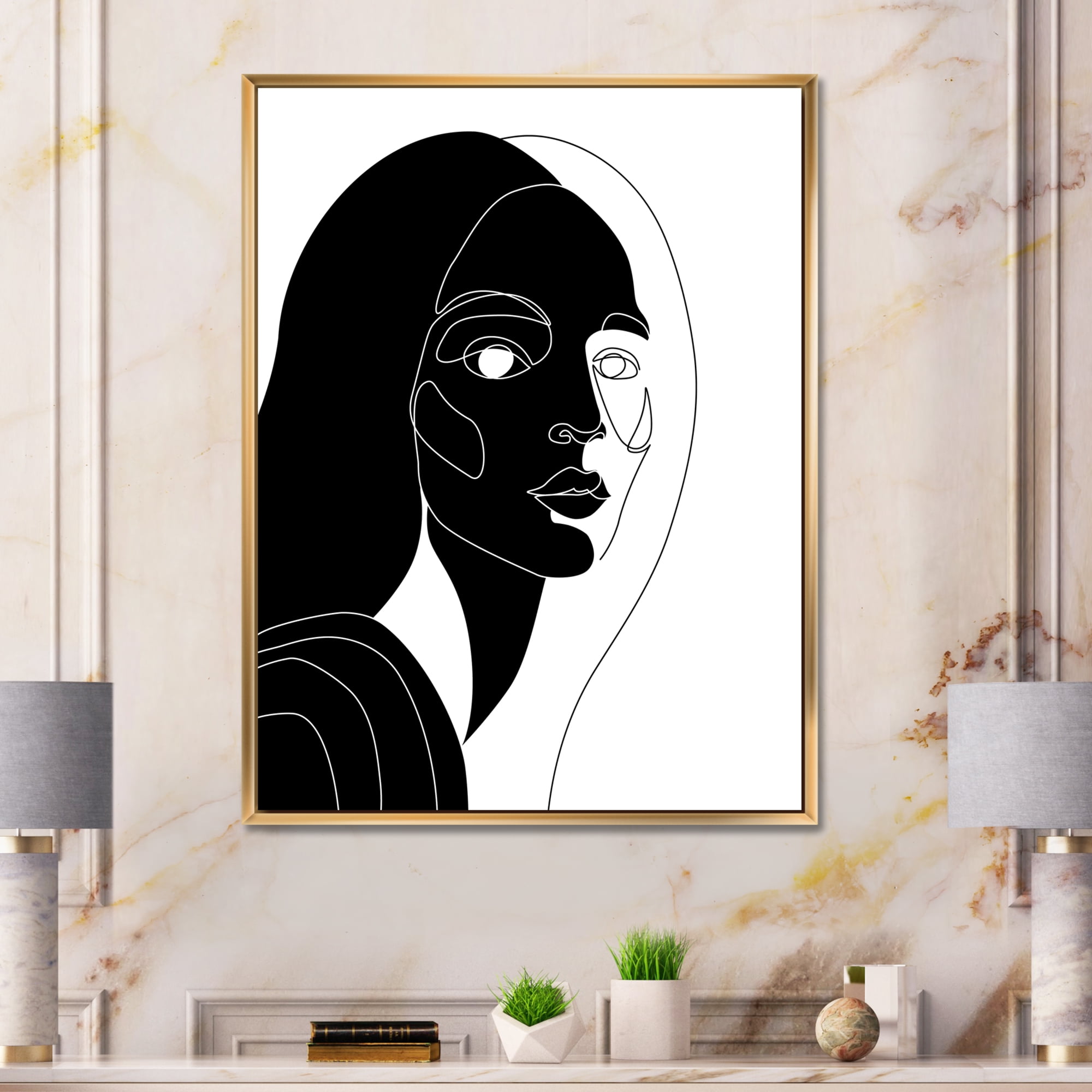 Designart 'Retro Black and White Minimal Portrait of Young Girl' Modern Framed Canvas Wall Art Print