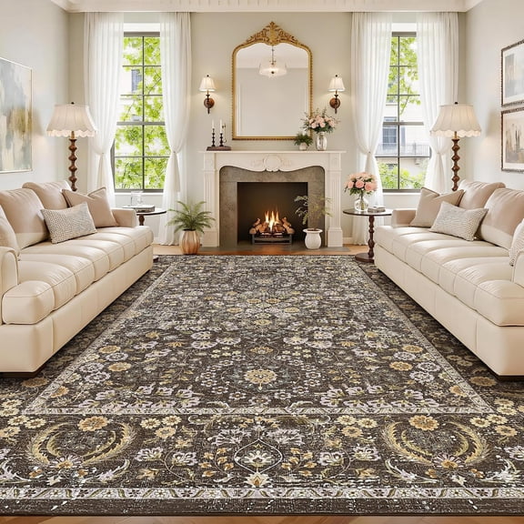 8 x 10 Vintage Boho Floral Area Rug, Washable Non-Slip Low-Pile, for Living Room Bedroom, Brown