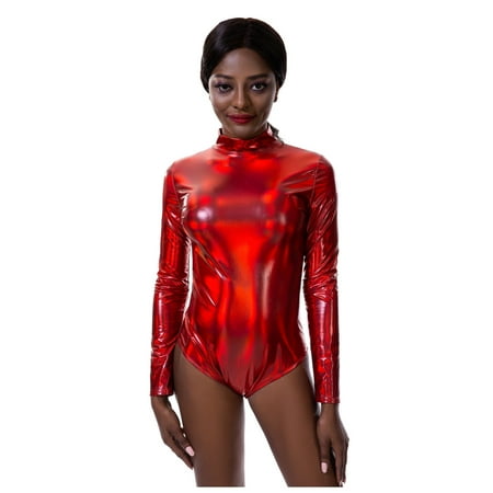 Women s Jumpsuit Metallic Hight Cut Colored Long Sleeve Zipper Leather Leotard Dance Shiny One Piece Bodysuit