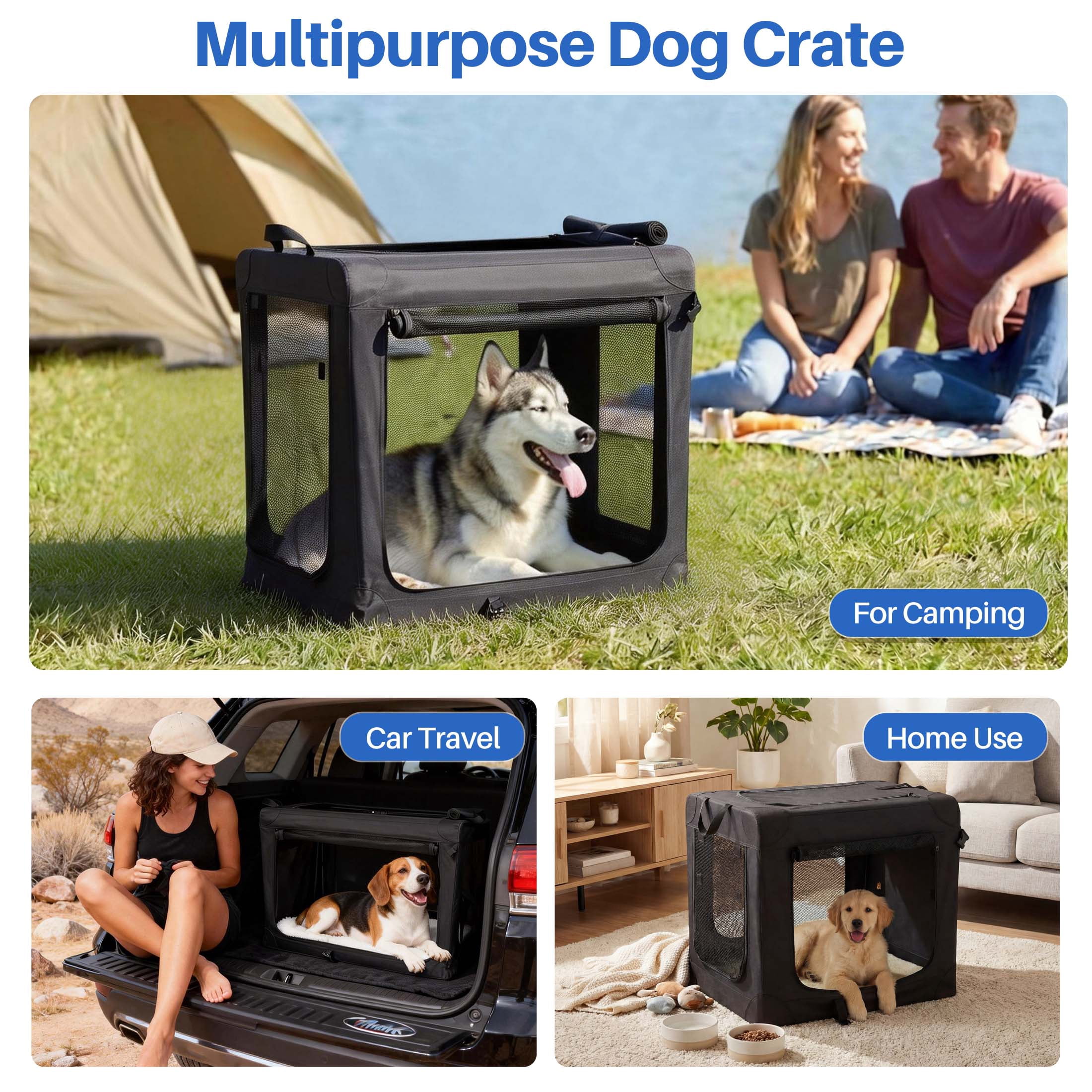 edx 30 Inch Portable Foldable Dog Crate for Small Medium Dog, 3-Door Soft Pet Airline Approved Crate with Storage Bag & Washable Pad, Up To 50Lbs, For Indoor Outdoor Dog/Cat/Pet Kennel Carrier, Black