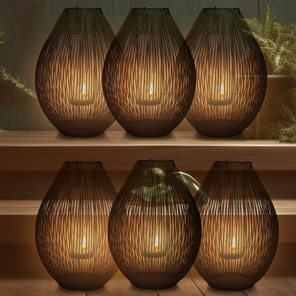 Decozen Candle Lantern with Clear Glass and Decorative Black and Gold Metal for Home Decor Patio Dining Living Room Bedroom Office Farmhouse Pathway Entryway Events Wedding Decorations - Set of 6