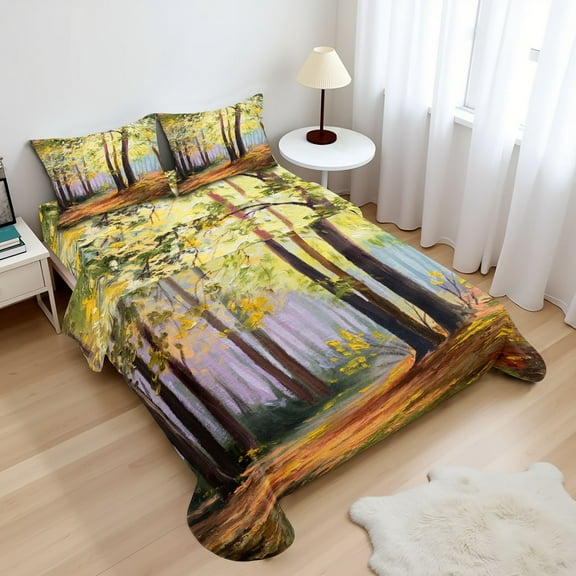 Ambesonne Country Fitted & Top Sheet Set with Shams, Spring in Forest Leaves, Brown Green