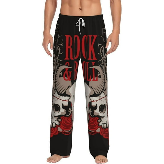 Men Comfy Pajama Pants Long Sleepwear Lounge Bottoms, Rock And Roll Guitar Skull Roses