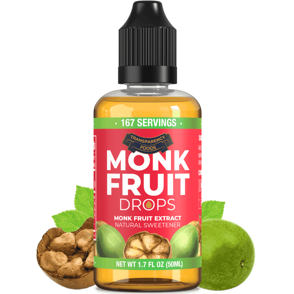 Monk Fruit Extract (6 Drops = 1 Tsp of Sugar) Zero Calories, Non-GMO, No Fillers - Monk Fruit Drops by Transparency Foods NEW FORMULA (1.7oz, 167 Servings)
