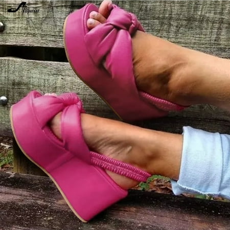 

〖Yilirongyumm〗 Hot Pink 39 Sandals Women Shoes Ladies Knotbow Wedge Platform Women Peep Slip Casual On Sandals Toe Summer Women s Sandals