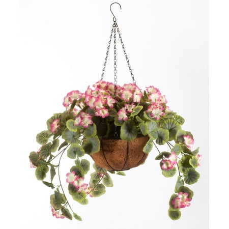 OakRidge Miles Kimball Fully Assembled Artificial Geranium Hanging Basket, 10” Diameter and 18” Chain – Pink Polyester/Plastic Flowers in Metal and Coco Fiber Liner Basket for Indoor/Outdoor