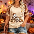 thumbnail image 2 of IYYVV Womens Fall Halloween Crew Neck Shirt Holiday Funny Pumpkin Ghost Graphic Tee Casual Short Sleeve Autumn Top Khaki L, 2 of 5
