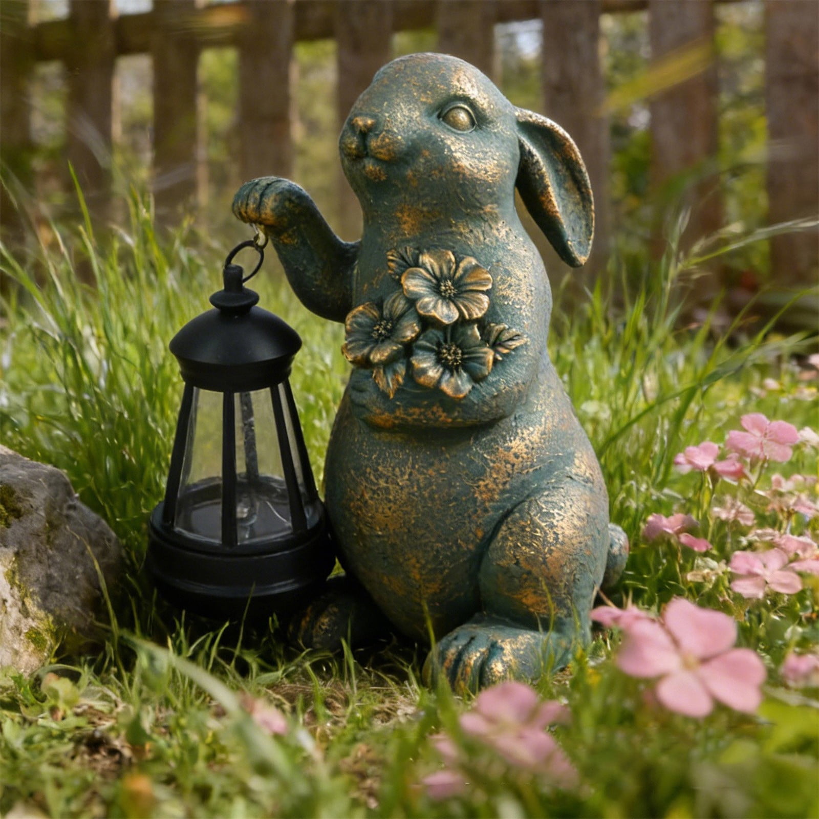Clearance Garden Statues Rabbit with Solar Lantern Outdoor Bunny Figurines Decorations for Patio Yard Lawn Ornaments Gifts for Birthday Easter Housewarming