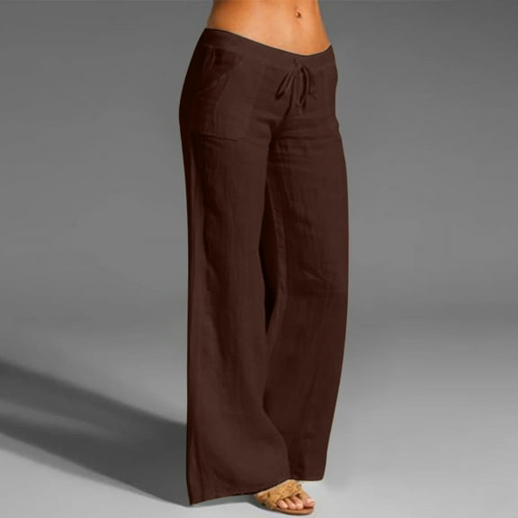 Brown Sweatpants Women Casual Solid Cotton Linen Elastic Waist Drawstring Long Wide Leg Pants
