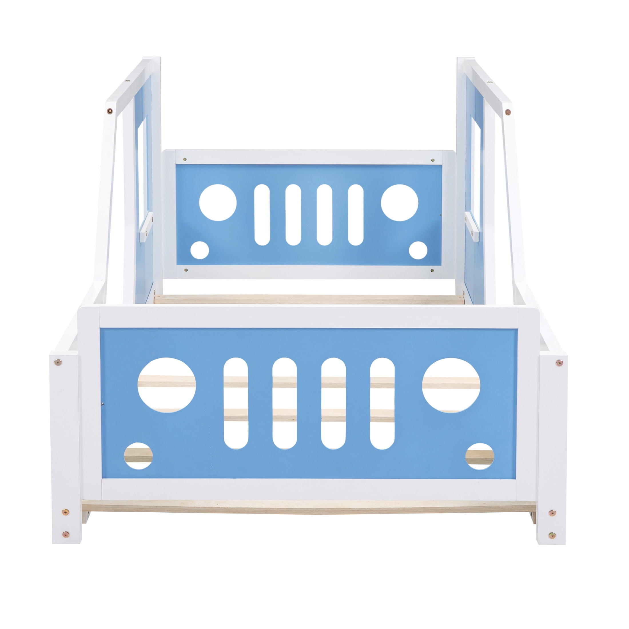 Noble House Twin Classic Car-Shaped Platform Bed, Playful Pine Wood Frame with Doors and Wheels, Blue