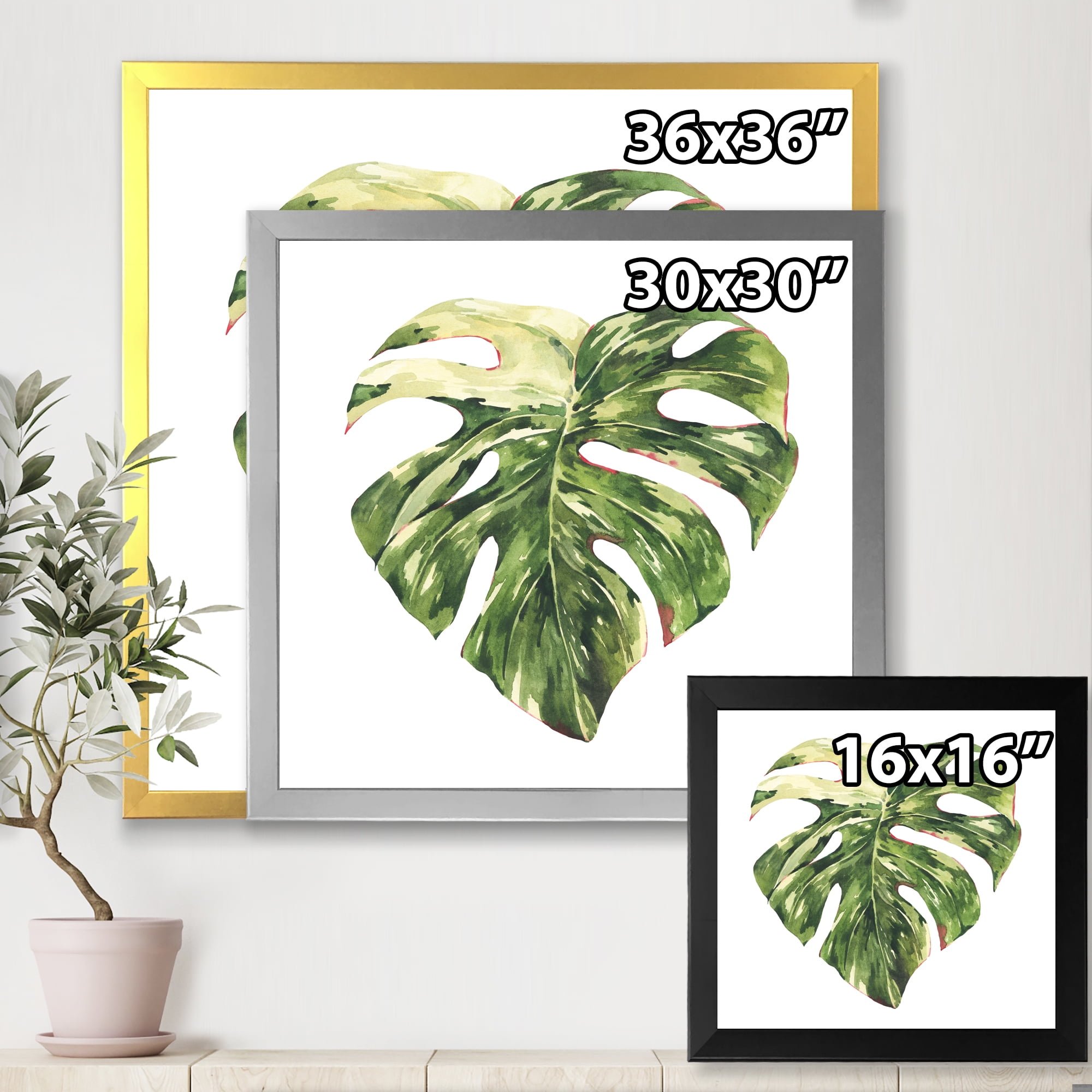 Designart 'Tropical Green Leaves On White In Summer Times III' Tropical Framed Art Print