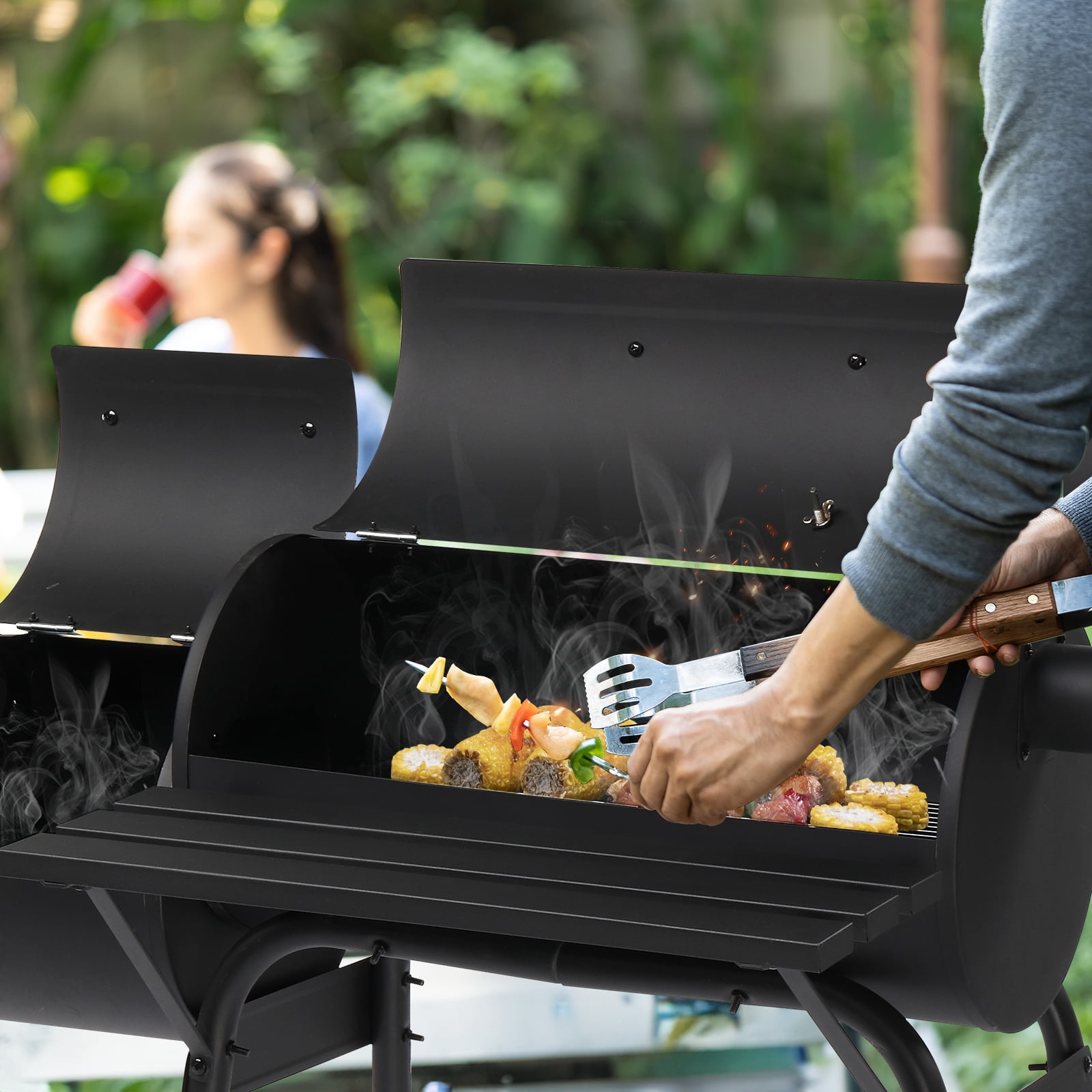 Heavy-Duty 44" Barrel Charcoal Grill & Offset Smoker with Side Table, Wheels | 800+ sq in Cooking Area | All-Metal for Backyard, Patio BBQ