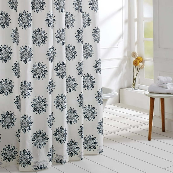 Marshmallow Indigo White Boho & Eclectic Bath Mariposa Rod Pocket Cotton Button Holes for Shower Hooks Cambric Medallion Shower Curtain