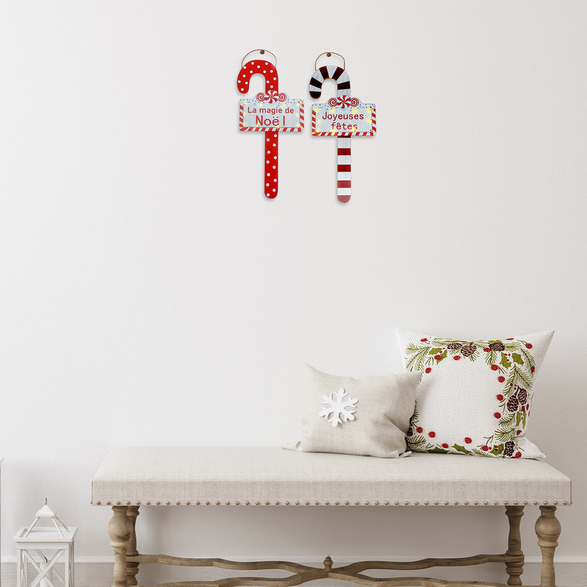 Led Wooden Wall Hanging Candy Cane (Asstd) - Set of 2
