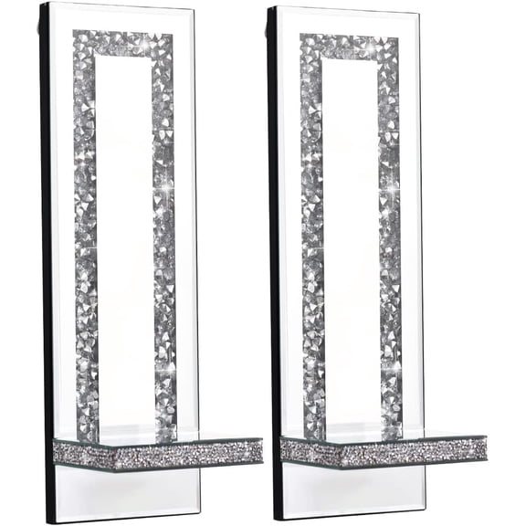 2 Pack Crystal Crush Diamond Wall Candle Sconces, Silver Wall Candle Holder, Glass Wall Decor for Living Room, Dining Room, Bedroom (Mirrored)