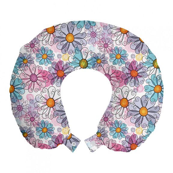 Flower Travel Pillow Neck Rest, Retro Spring Floral Pattern Grunge Funky Style Inspired Colorful Daisies Bohemian, Memory Foam Traveling Accessory Airplane and Car, 12", Multicolor, by Ambesonne