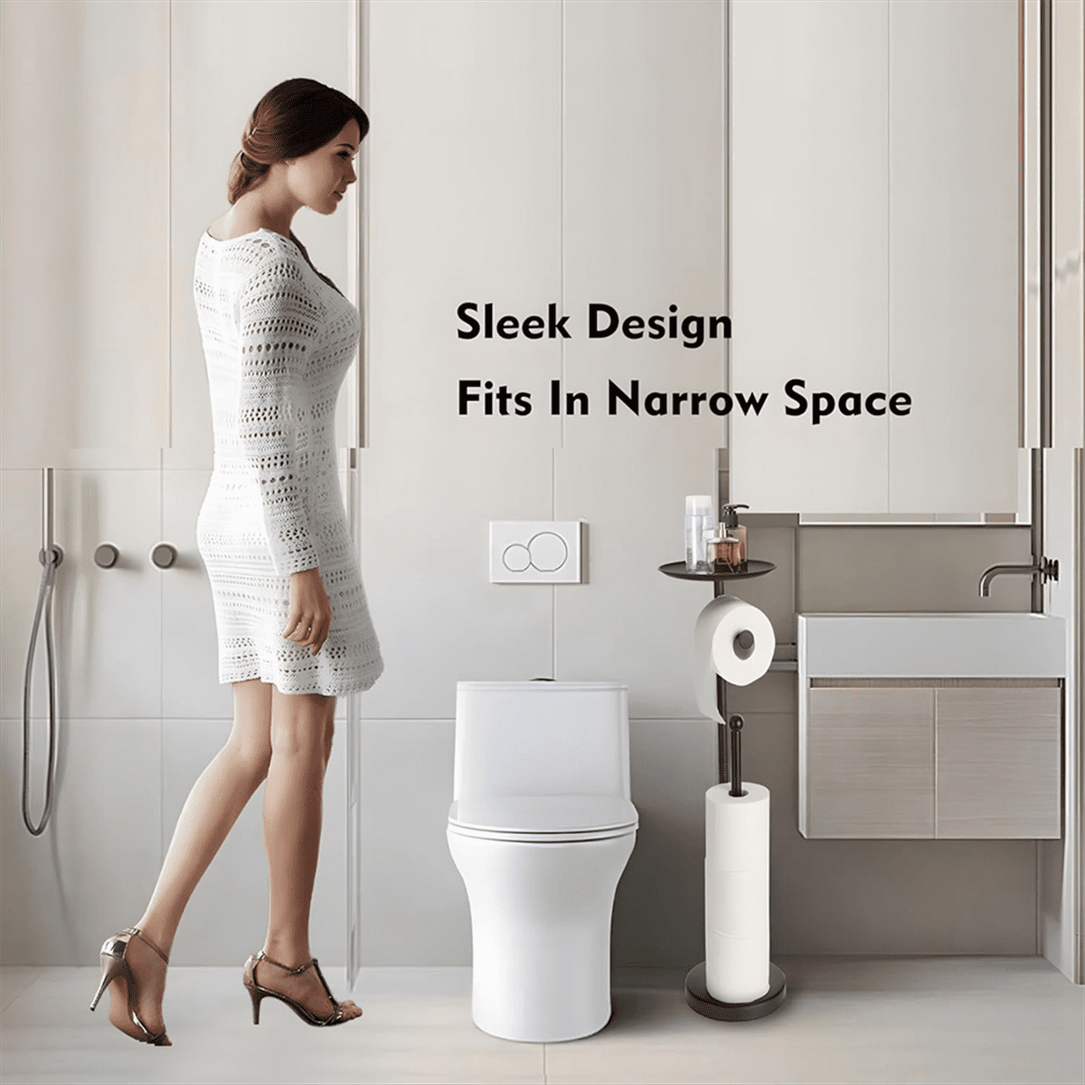 Black Toilet Paper Holder Stand with Shelf, Freestanding Toilet Paper Holder, Heavy Base No Tipping over for Bathroom