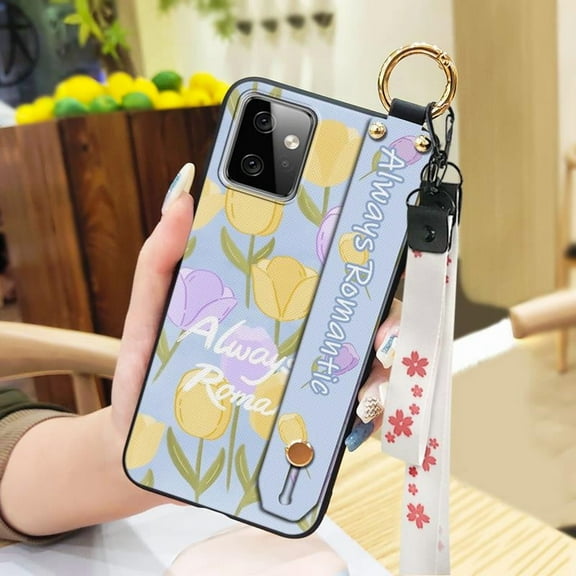 JNG-Phone Case For MOTO G Power 5G 2023, Fashion Design Oil Painting Durable Protective Back Cover Kickstand Dirt-resistant Silicone Flower Lanyard Shockproof Ring Wrist Strap Soft case