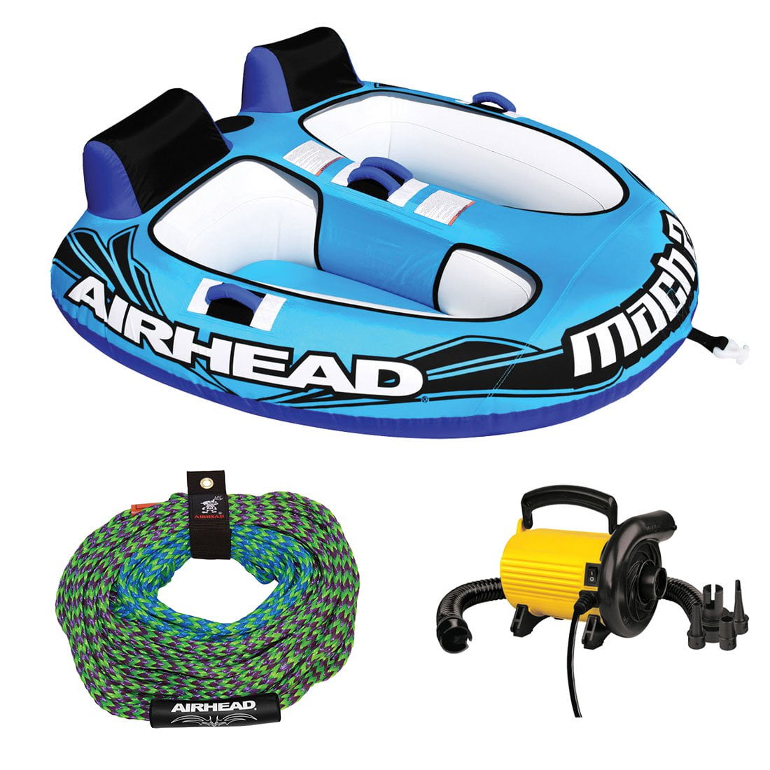 Airhead Mach 2 Inflatable 2 Rider Water Towable Tube w/ 5060' Tow Rope