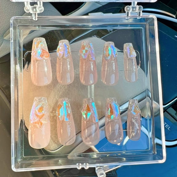 10pcs 3D Nude Rhinestone Translucent Reusable Glitter Handmade Press On Nails (XS)