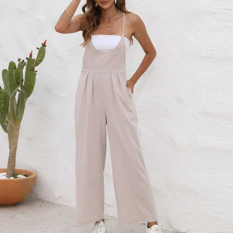 JNGSA Women Casual Wide Leg Jumpsuits Solid Color Cami Button Jumpsuits  Summer Baggy Rompers with Pocket Khaki 