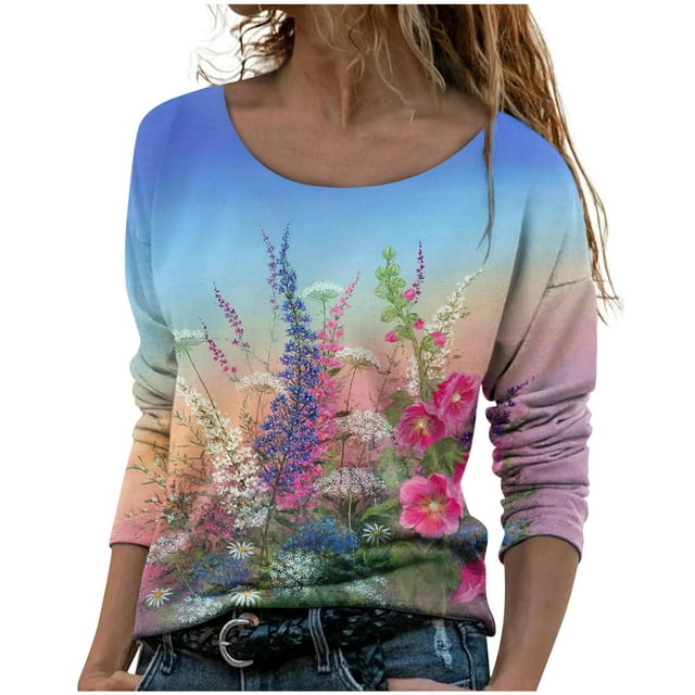 IROINID Rabais Hauts à Manches Longues pour Femmes T-Shirt Ample Col Rond Imprimé Blouse d'Automne Chandail-Over, Violet