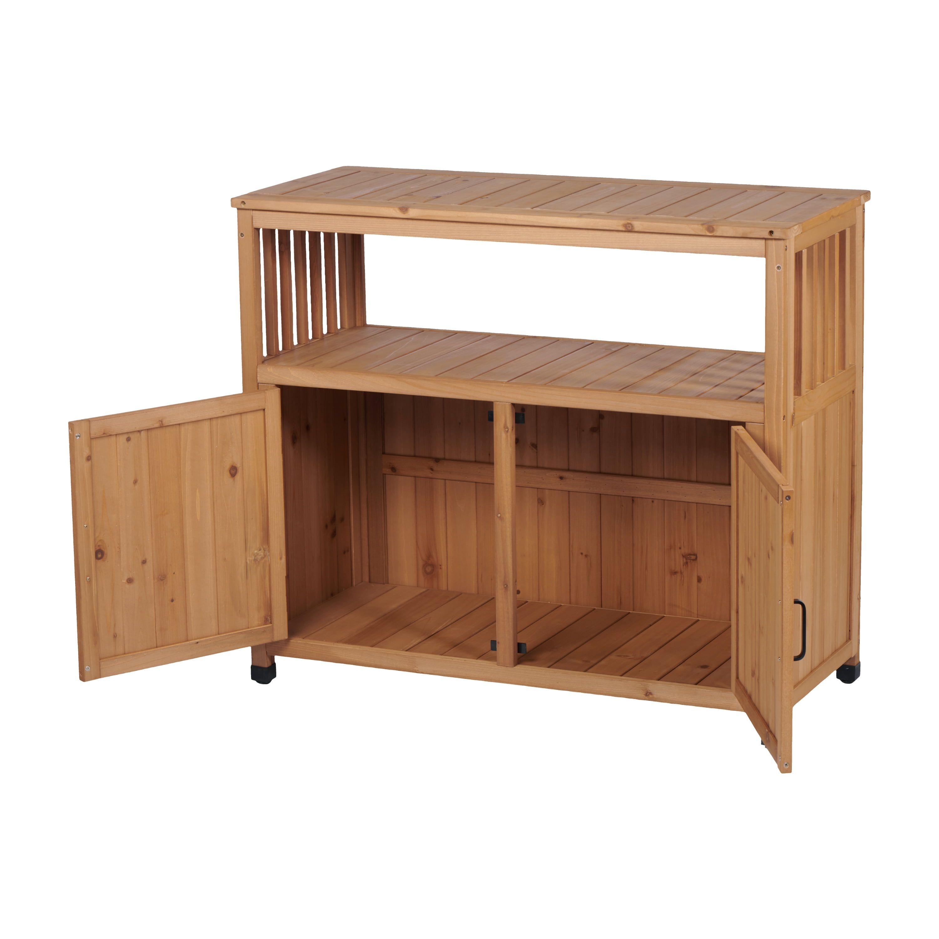 Wooden Patio Bar Table with Storage Cabinet, Outdoor Buffet Sideboard and Serving Station with Slatted Design, Light Brown