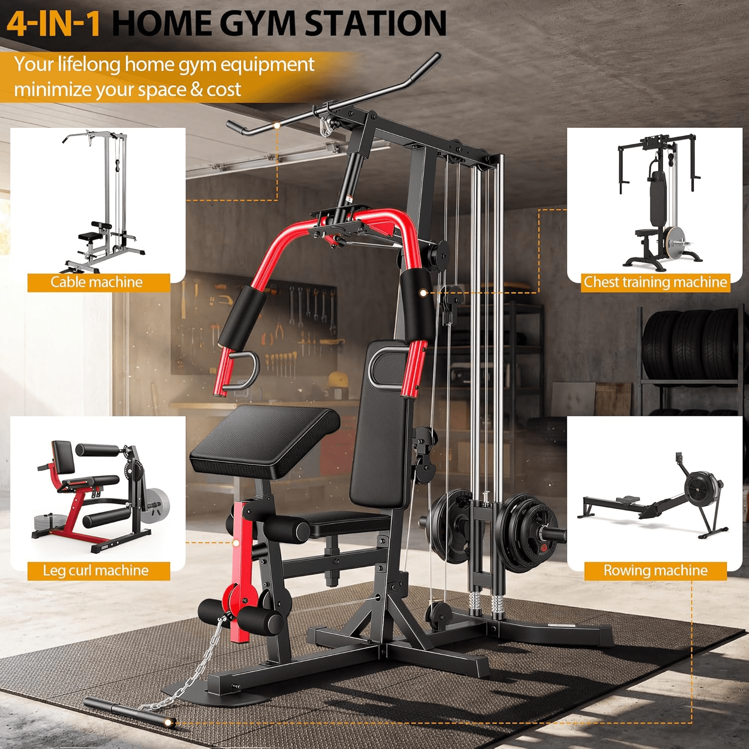 VIBESPARK Multifunctional Home Gym Equipment, All in One Workout Station with Pulley System & Seated Rowing, Adjustable Exercise Equipment for Full Body Strength Training