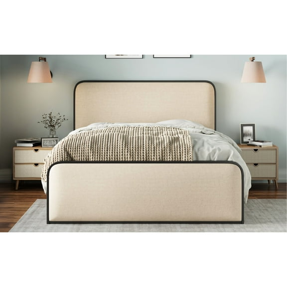 Metal King Bed, Beige Upholstery, Curved Headboard And , Strong Slats, Under Bed Storage Frame With Upholstered 13 Solid