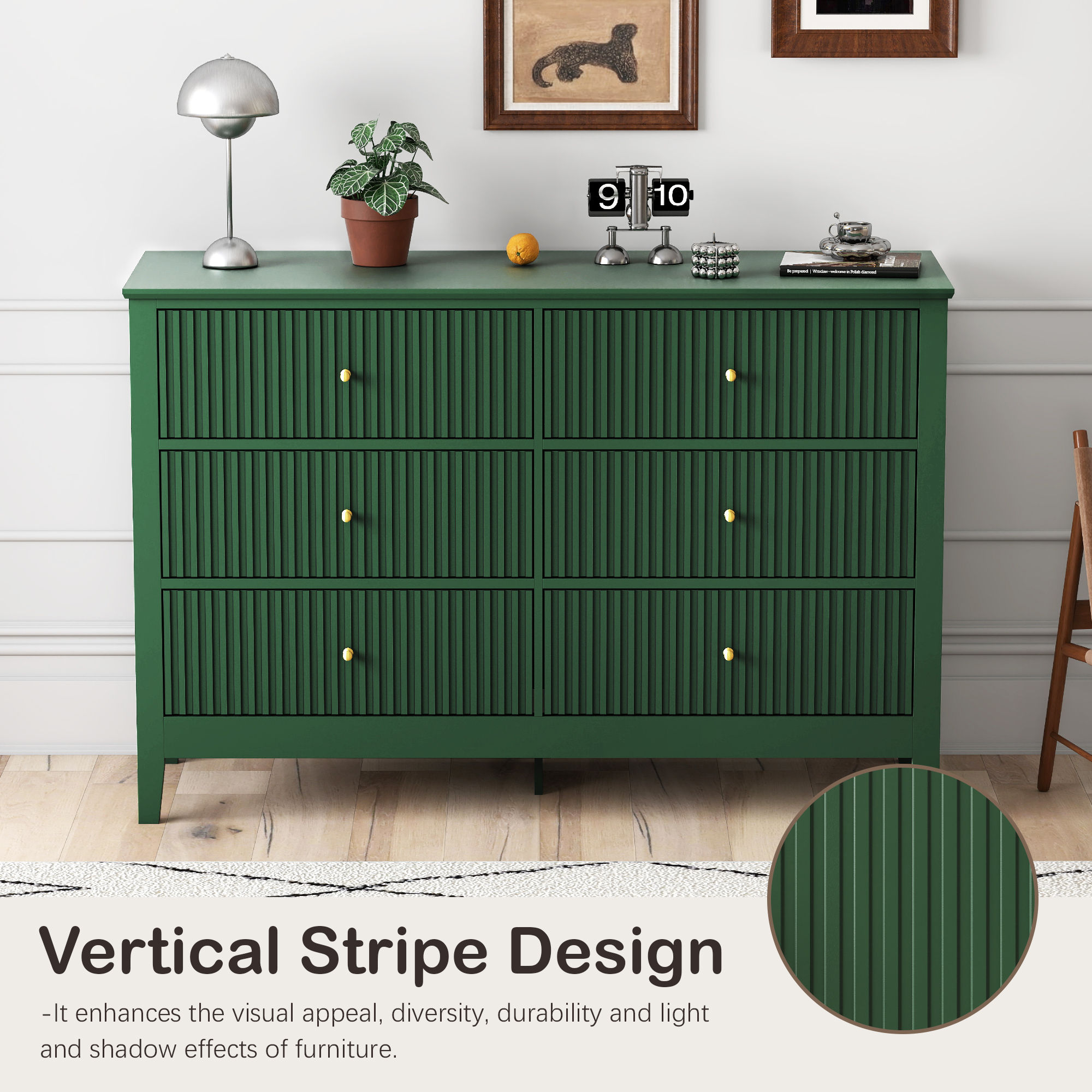 Modern Fluted Chest of Drawers with Storage,6 Drawers Storage Dresser with Paint Design,Wood Drawer Organizer Dressers for Bedroom, Hallway, Entryway,Green
