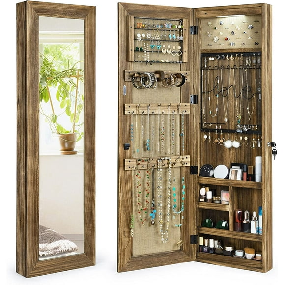 SRIWATANA Jewelry Armoire Cabinet, Solid Wood Jewelry Organizer with Full Length Mirror Wall/Door Mounted (Carbonized Black)
