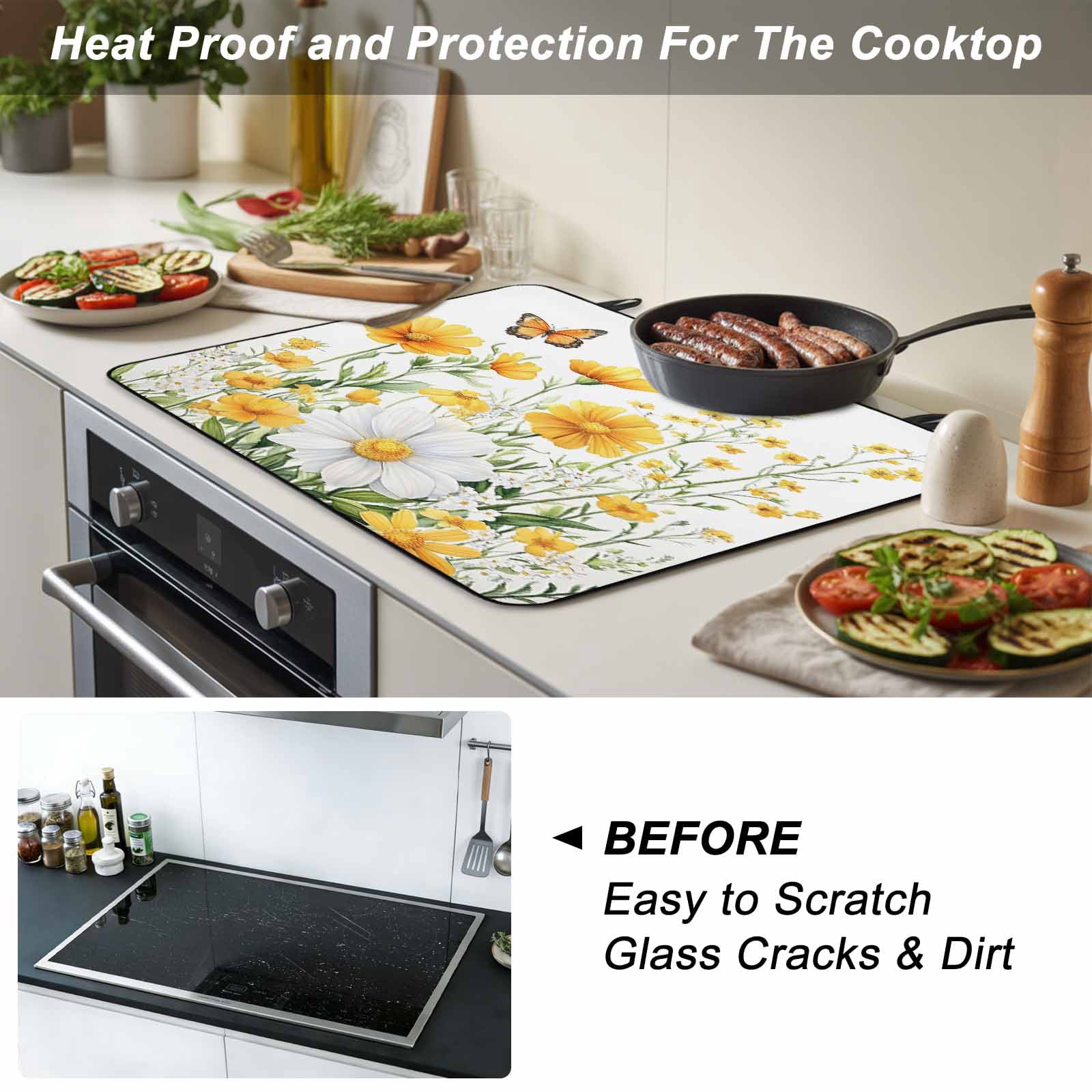 Yellow Spring Floral Stove Top Cover for Electric Stove, Heat-proof & Non Slip Glass Top Stove Cover Protector, Pastoral Summer Botanical Daisy Kitchen Flat Cooktop Rubber Mat 24x21 Inches