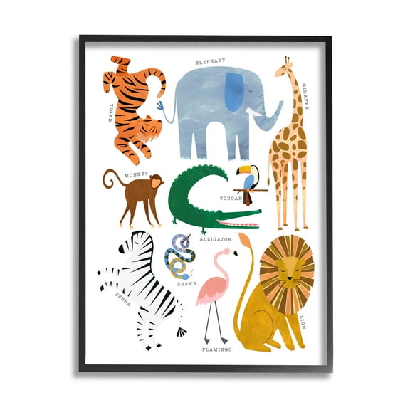 Various Wildlife Jungle Animals Animals & Insects Graphic Art Black Framed Art Print Wall Art